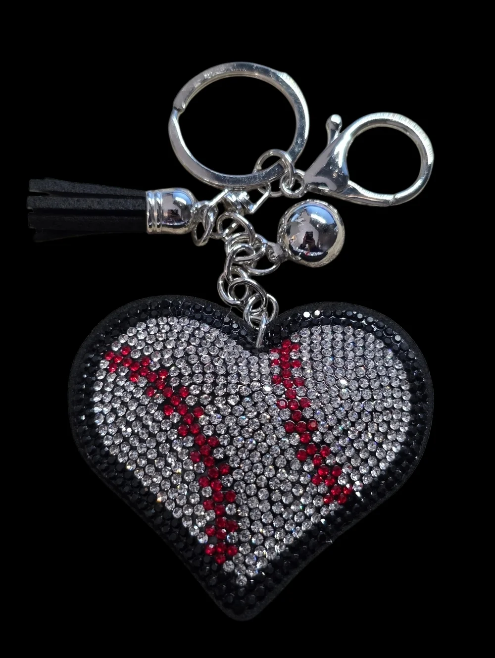 Rhinestone Heart Baseball Stitch Bag Charm Keychain - Black and Silver
